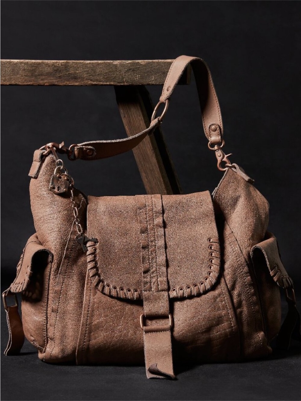 Free People We The Free Leigh Distressed Leather Hobo Chocolate Boho